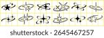 Set of 15 black star and sparkle icons on a yellow grid. Star designs vary with circles and lines. Sparkle icons add a whimsical touch. Star and sparkle motifs. Creative elements, vector set.