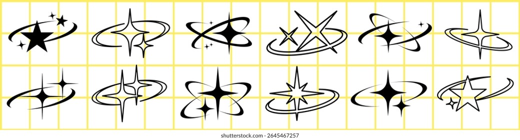 Set of 15 black star and sparkle icons on a yellow grid. Star designs vary with circles and lines. Sparkle icons add a whimsical touch. Star and sparkle motifs. Creative elements, vector set.