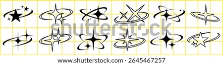 Set of 15 black star and sparkle icons on a yellow grid. Star designs vary with circles and lines. Sparkle icons add a whimsical touch. Star and sparkle motifs. Creative elements, vector set.