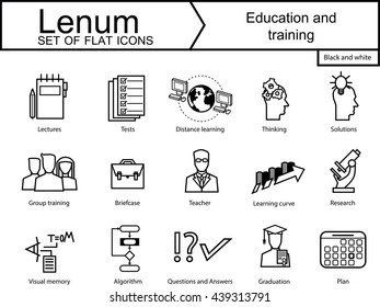Set of 15 black and white icons on education and training.