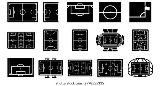 Set of 15 black and white icon-style illustrations of various vehicles and machines