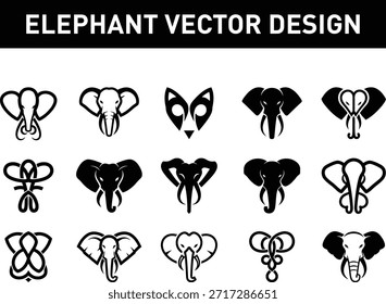Ein Satz von 15 schwarz-weißen Vektor-Elefanten-Designs mit verschiedenen Stamm-Stilen und Posen auf weißem Hintergrund