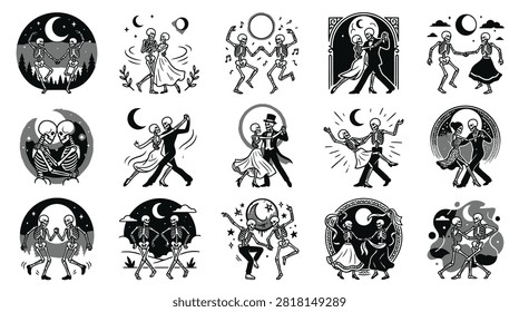Set of 15 black and white vector illustrations depicting skeleton couples dancing under different moon phases and stars, featuring diverse poses in a minimalist tattoo art style.