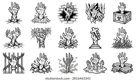 Set of 15 black and white zombie hand illustrations featuring undead limbs emerging from the ground, breaking through walls, chained behind bars, and rising from open books or crates.