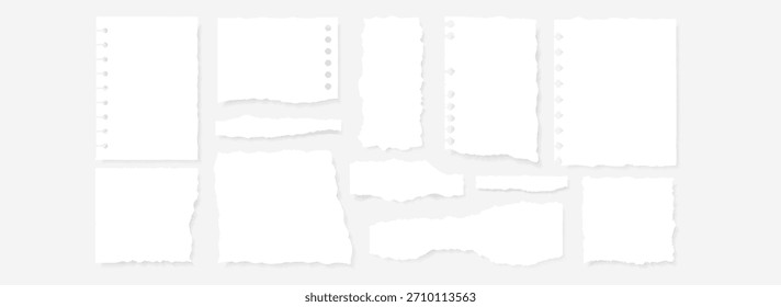 Set of 15 blank ripped paper scrap elements with torn edges, spiral notebook holes, and soft shadows. Ideal for collages, moodboards, digital scrapbooking, and creative layouts.