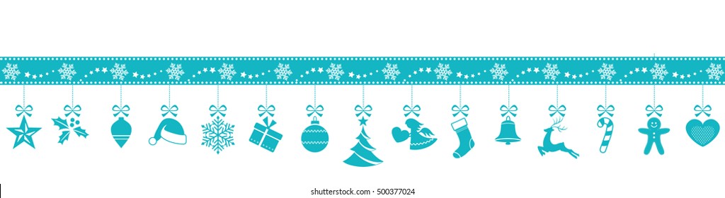 Set of 15 blue Christmas ornaments hanging from a border made from snowflakes and stars isolated on white.