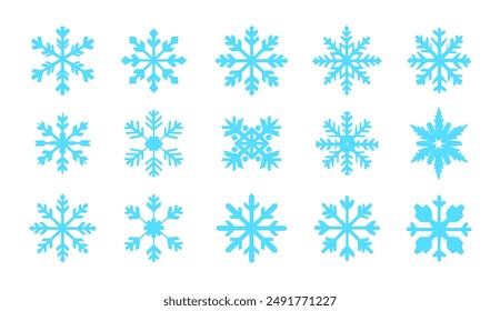 Un conjunto de 15 diseños de copos de nieve azul aislados sobre un fondo blanco.
