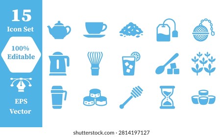 Set of 15 blue tea and beverage preparation icons with beverage, strainer