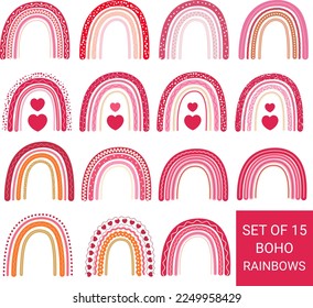 Set of 15 boho rainbows. collection of 15 vector abstract decorative boho rainbows with hearts, dots, pattern best for any design, Best for Valentine's day, romantic, love, Print on demand designs