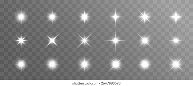 Conjunto de 15 efeitos de explosão brilhante no fundo transparente. Os designs de explosão variam em forma e intensidade. Perfeito para adicionar brilho e brilho aos projetos. Conjunto de vetores de efeito de luz.