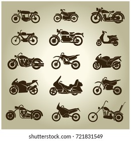 Set of 15 brown icons of different motorcycles on a beige background