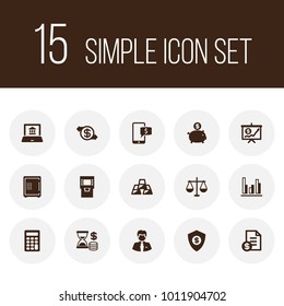 Set of 15 budget icons set. Collection of management, gold bars, businessman and other elements.