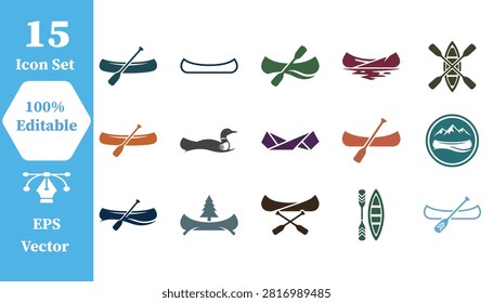 Set of 15 canoe rowing boat adventure icons with adventure paddling recreation