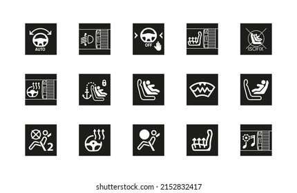 Set of 15 car interior tech icons. Car signs such as automatic steering, road tracking, seat-steering-window heating, headlight adjustment. Silhouette and linear original logo. Simple outline sign.