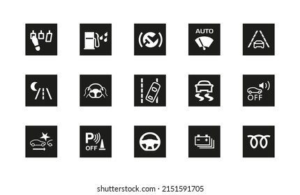 Set von 15 Auto-bezogene Warnsymbole. Silhouette und lineares Originallogo. Einfaches Zeichen-Symbol im Umriss. Vektorgrafik einzeln auf weißem Hintergrund. EPS10.
