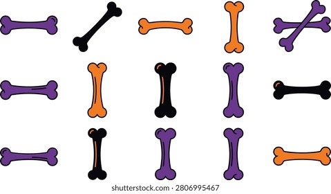 A set of 15 cartoon dog bones in purple, orange, and black on a white background