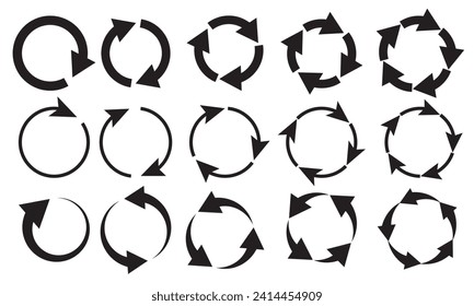 set of 15 circle arrows isolated on white background. Rotate arrow and spinning loading symbol. Circular rotation loading elements, redo process.