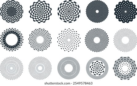 Um conjunto de 15 projetos de meio-tom circular com padrões de pontos intrincados, oferecendo uma mistura de simetria e criatividade. Perfeito para logotipos, fundos ou projetos artísticos.