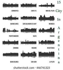 Set of 15 City silhouette in Argentina ( Corrientes, Santa Fe, Mar del Plata, Buenos Aires, Salta, Rosario, Resistencia, Bahia Blanca, San Juan, La Plata, Cordoba, Parana, Puerto Madero, Mendoza ) 