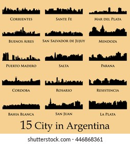 Set of 15 City silhouette in Argentina ( Corrientes, Santa Fe, Mar del Plata, Buenos Aires, Salta, Rosario, Resistencia, Bahia Blanca, San Juan, La Plata, Cordoba, Parana, Puerto Madero, Mendoza ) 