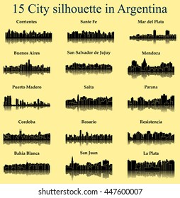 Set of 15 City silhouette in Argentina ( Corrientes, Santa Fe, Mar del Plata, Buenos Aires, Salta, Rosario, Resistencia, Bahia Blanca, San Juan, La Plata, Cordoba, Parana, Puerto Madero, Mendoza ) 