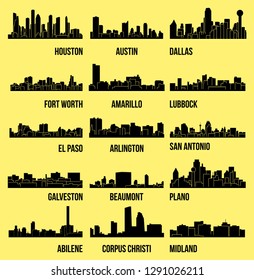 Set of 15 City Silhouette in Texas ( Houston, Austin, Dallas, Fort Worth, Amarillo, Lubbock, El Paso, Arlington, San Antonio, Galveston, Plano, Beaumont, Abilene, Corpus Christi, Midland )