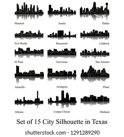 Set of 15 City Silhouette in Texas ( Houston, Austin, Dallas, Fort Worth, Amarillo, Lubbock, El Paso, Arlington, San Antonio, Galveston, Plano, Beaumont, Abilene, Corpus Christi, Midland )