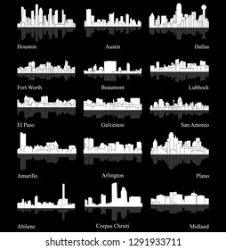 Set of 15 City Silhouette in Texas ( Houston, Austin, Dallas, Fort Worth, Amarillo, Lubbock, El Paso, Arlington, San Antonio, Galveston, Plano, Beaumont, Abilene, Corpus Christi, Midland )