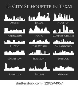 Set of 15 City Silhouette in Texas ( Houston, Austin, Dallas, Fort Worth, Amarillo, Lubbock, El Paso, Arlington, San Antonio, Galveston, Plano, Beaumont, Abilene, Corpus Christi, Midland )