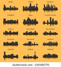 Set of 15 City Silhouette in Texas ( Houston, Austin, Dallas, Fort Worth, Amarillo, Lubbock, El Paso, Arlington, San Antonio, Galveston, Plano, Beaumont, Abilene, Corpus Christi, Midland )