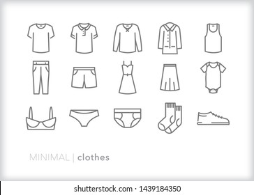 Set of 15 clothes line icons of shirts, shorts, pants, dress, skirt, coat, underwear, bra, socks, shoe, onesie