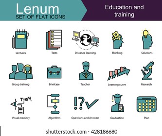 Set of 15 colored icons on education and training.