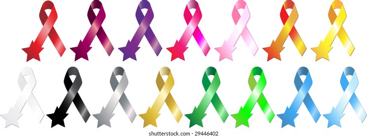 Set of 15 colorful metallic aspect ribbons with star