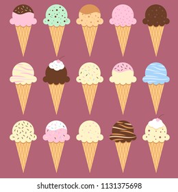 Set of 15 colorful vector ice cream cones with various flavors and toppings