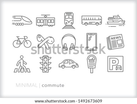 Set of 15 commute line icons for getting to work by foot, bicycle, car, bus, train or ferry