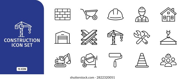 Set of 15 construction icons, including building, tools, machinery, and worker symbols, designed in a clean thin line style for professional projects.