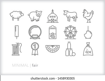 Set Of 15 County Or State Fair Line Icons Including Animals For 4-H Competition, Midway Carnival Rides And Games, Ticket Booth, Corn Dog, Bunting, First Place Ribbon And Goldfish Prize