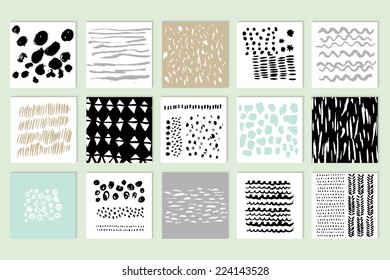 Set of 15 creative cards. Hand Drawn textures made with ink. Vector. Isolated.