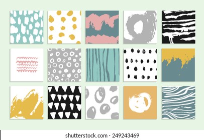 Set of 15 creative cards. Hand Drawn textures made with ink. Vector. Isolated.