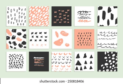 Set of 15 creative cards. Hand Drawn textures made by marker. Vector. Isolated.