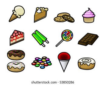 A set of 15 cute and colorful dessert and candy icons. Vector.