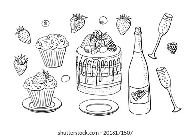 Set of 15 cute line art style hand drawn colorful dessert illustrations on white background