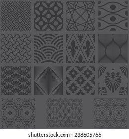Set of 15 dark gray seamless vintage and contemporary patterns vector