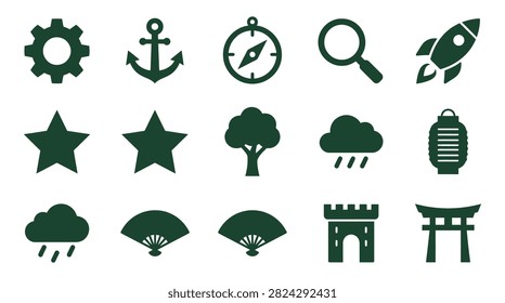 Set of 15 dark green flat vector icons featuring gear, anchor, compass, magnifying glass, rocket, stars, tree, rain clouds, lantern, folding fans, castle tower, and Japanese torii gate.
