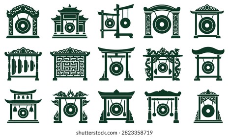 Set of 15 dark green vector icons depicting traditional Asian gongs in decorative wooden frames with intricate carvings, dragon motifs, and cultural architectural styles on a white background.
