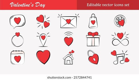 A set of 15 Valentine’s Day vector icons featuring heart designs in red, white, and black. Perfect for greeting cards, social media, stickers, web design, and Valentine-themed decorations or crafts