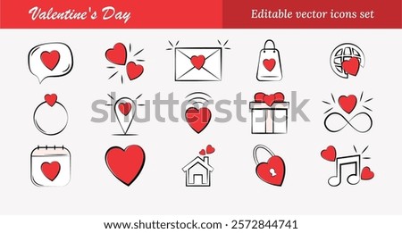 A set of 15 Valentine’s Day vector icons featuring heart designs in red, white, and black. Perfect for greeting cards, social media, stickers, web design, and Valentine-themed decorations or crafts