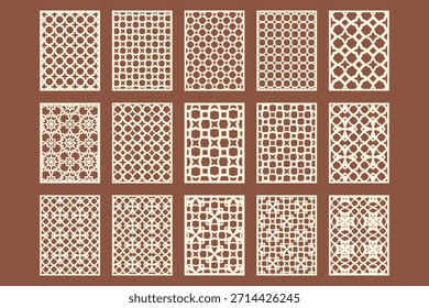 Conjunto de 15 paneles decorativos cortados por láser. Plantilla geométrica de la parrilla del calado.