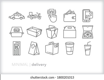 Set of 15 delivery icons for ordering food and drink, takeout, leftovers and to go