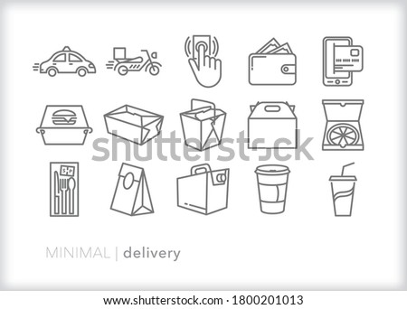 Set of 15 delivery icons for ordering food and drink, takeout, leftovers and to go